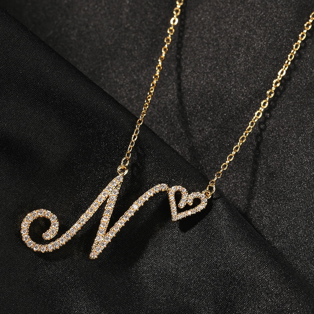 Initial Letter Necklace 18K Gold - Personalized Script Initial Necklace Heart Letter