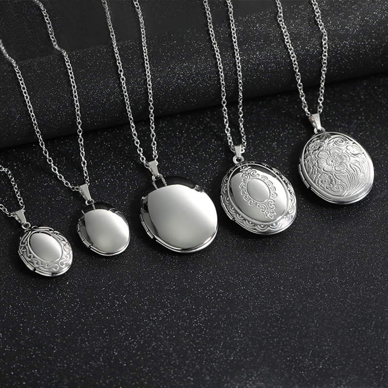 Heart Locket Necklace Photo - Vintage Silver Color Openable Oval Square