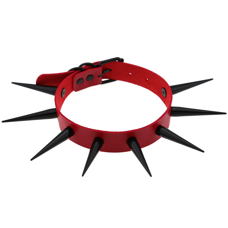 Goth Punk Spike Choker - Red Long Spike Choker Punk Collar