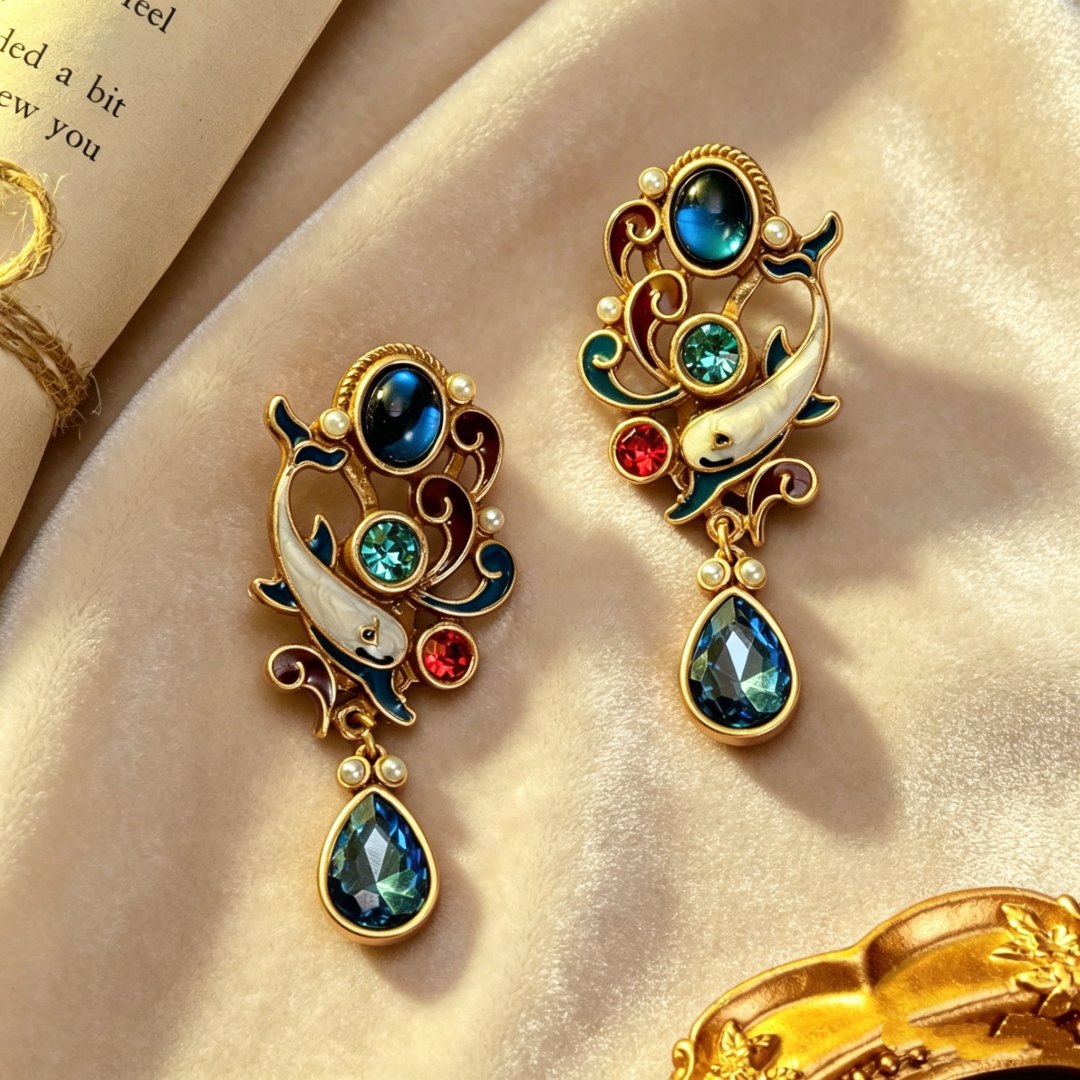 Earrings - Vintage Summer Vacation enamel ethnic dolphin