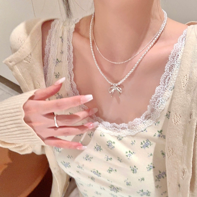 Layered Pendant Necklace Aesthetic - Fashion Vintage Bowknot Pendant Pearl Bead