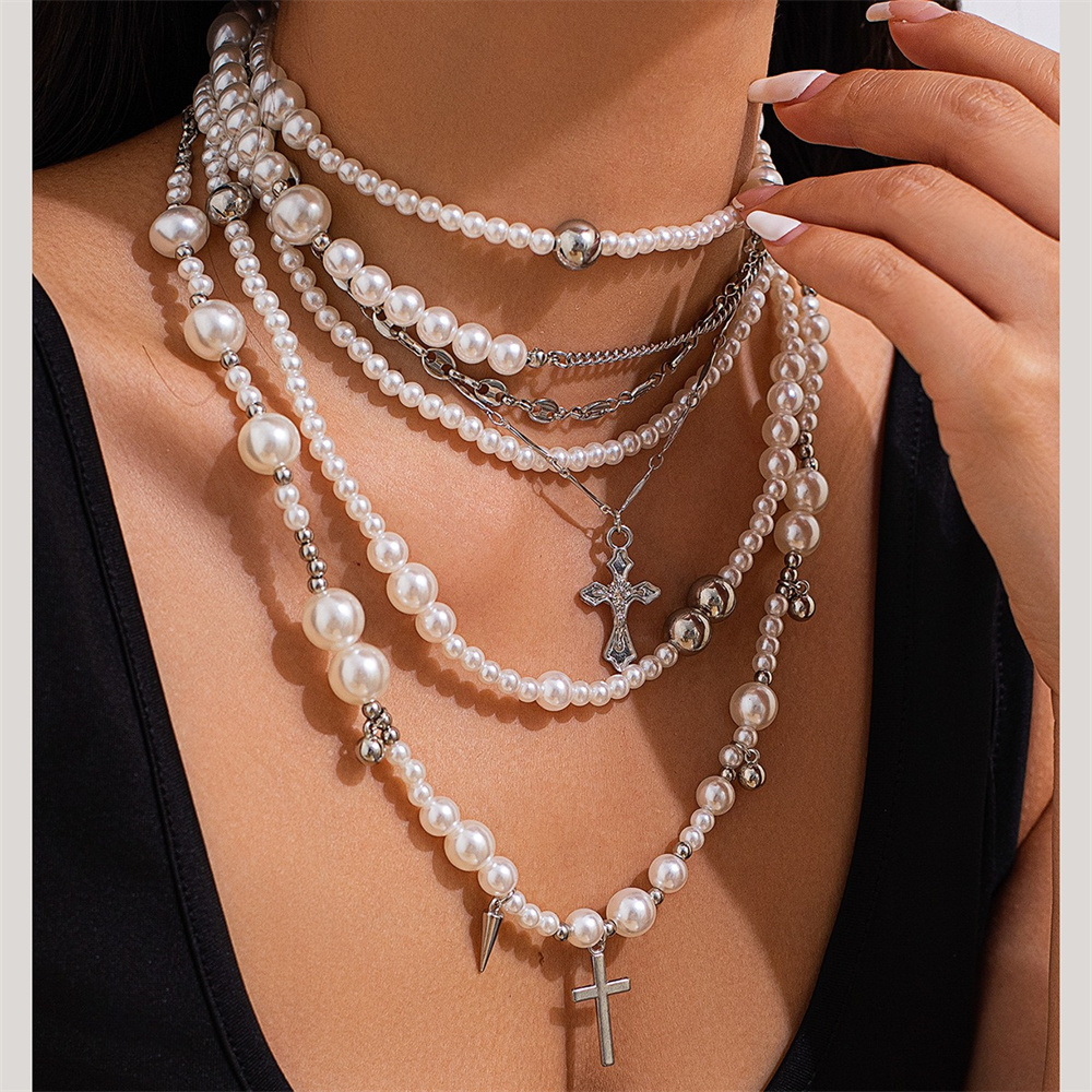 Layered Pendant Necklace Aesthetic - Multi-layer Imitation Pearl Bead Chain Necklace