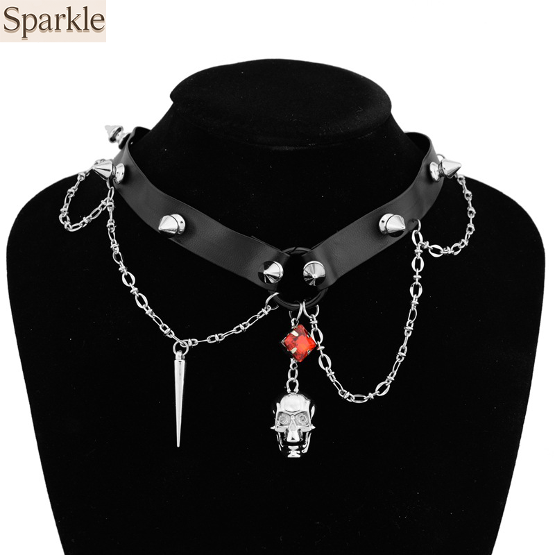 Goth Punk Spike Choker - Dark Skull Leather Choker, Y2K Heavy-duty