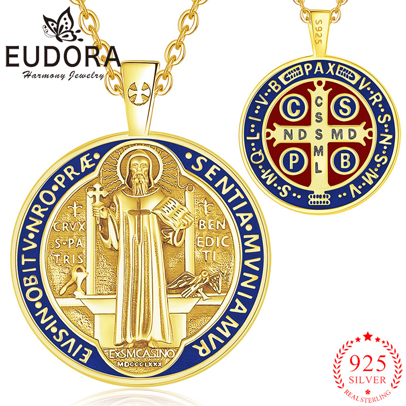 Cross Pendant Necklace Gold - Eudora 925 Sterling Silver Saint Benedict