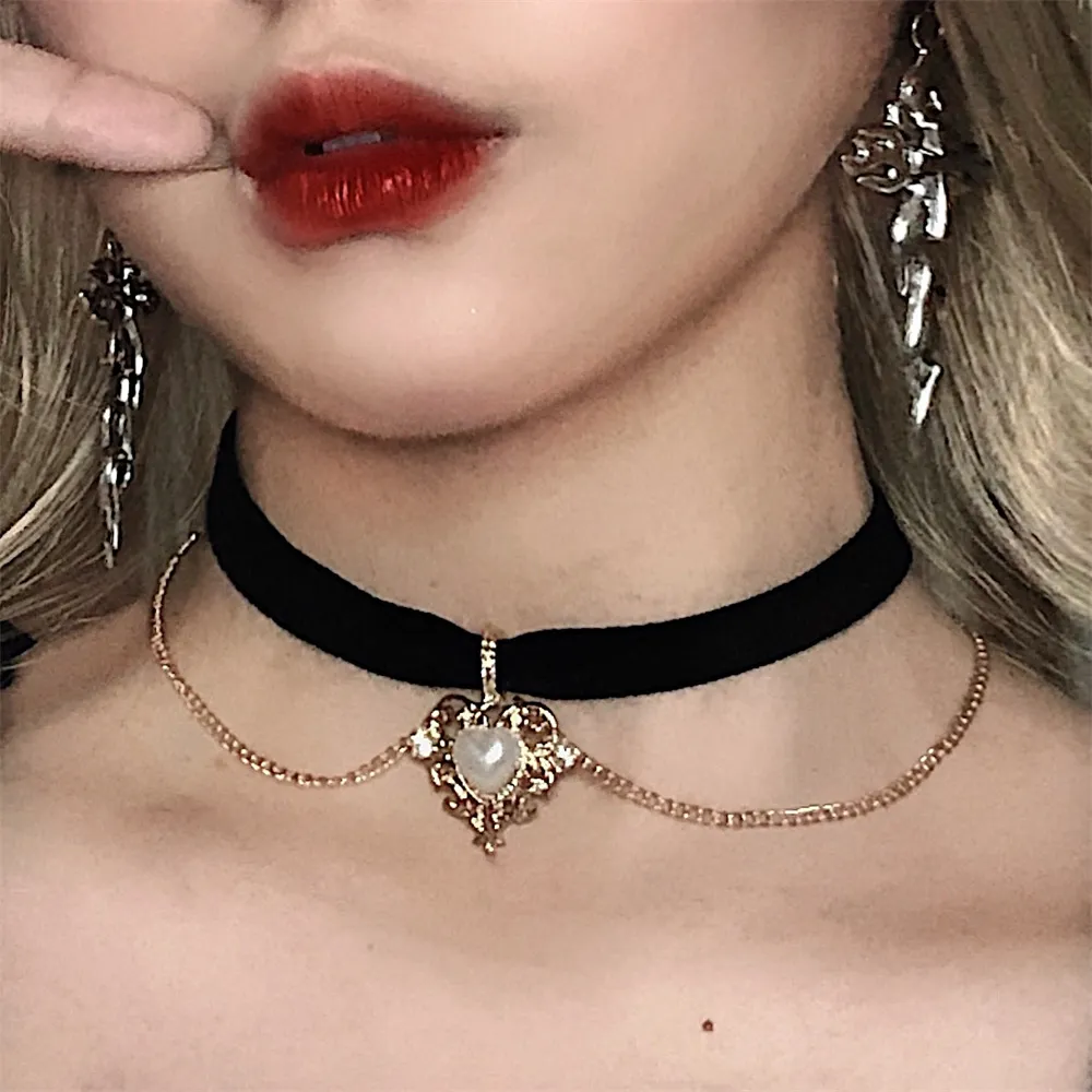 Pearl Choker Necklace Vintage - Vintage Velvet Chain Choker Necklace Gothic