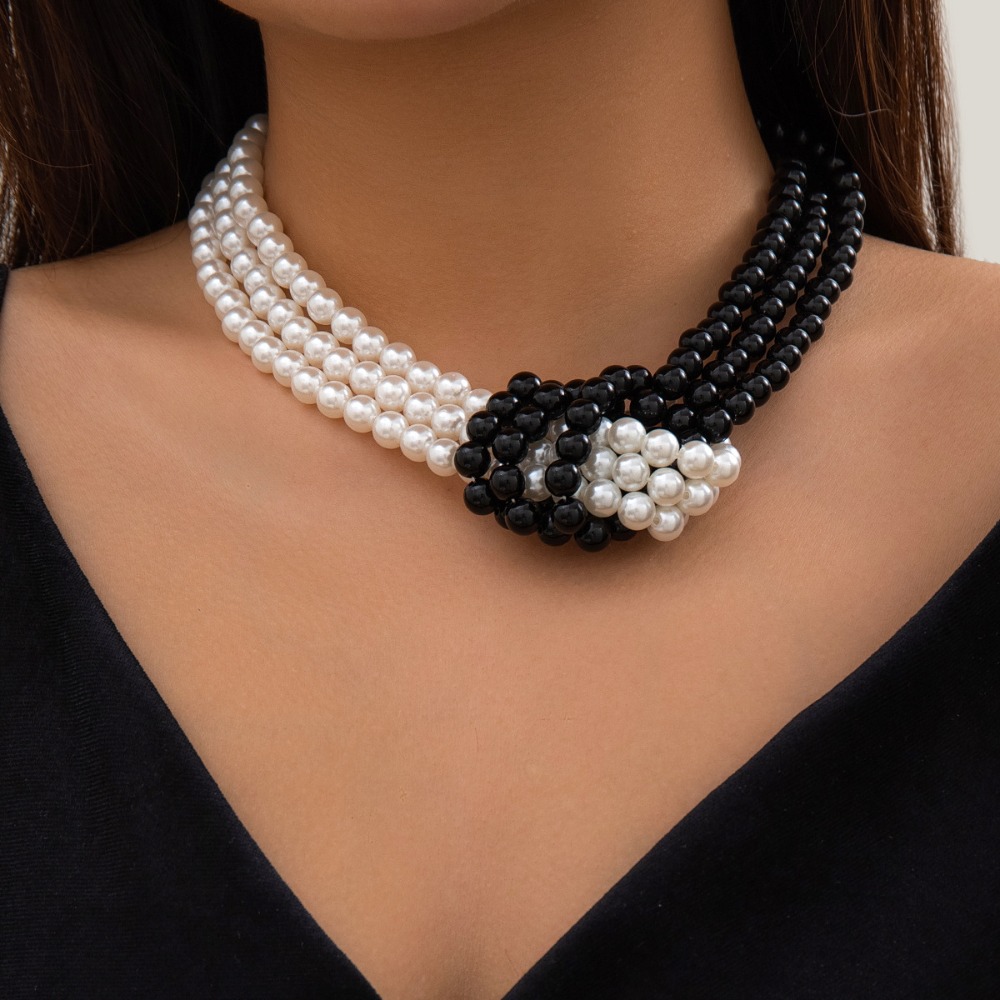 Pearl Choker Necklace Vintage - Fashion Retro Black White Stitching Knot