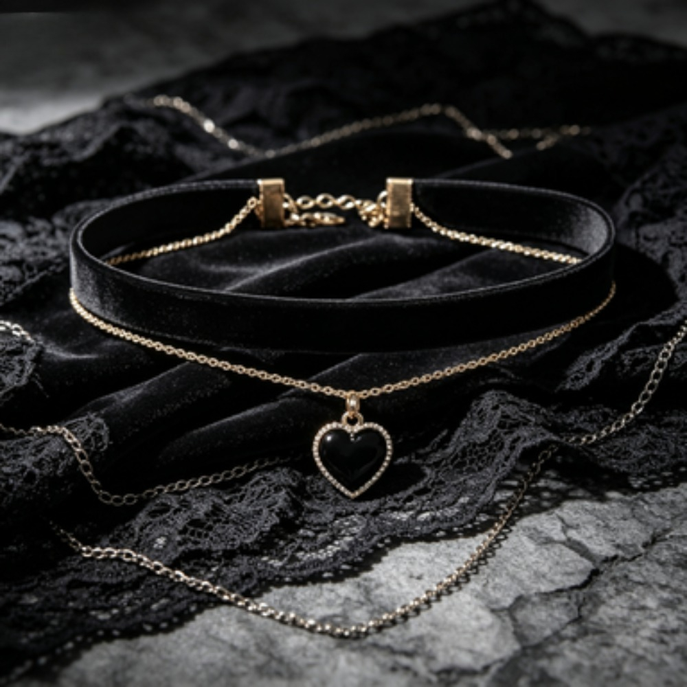 Layered Pendant Necklace Aesthetic - Multi Layer Black Peach Heart Pendant
