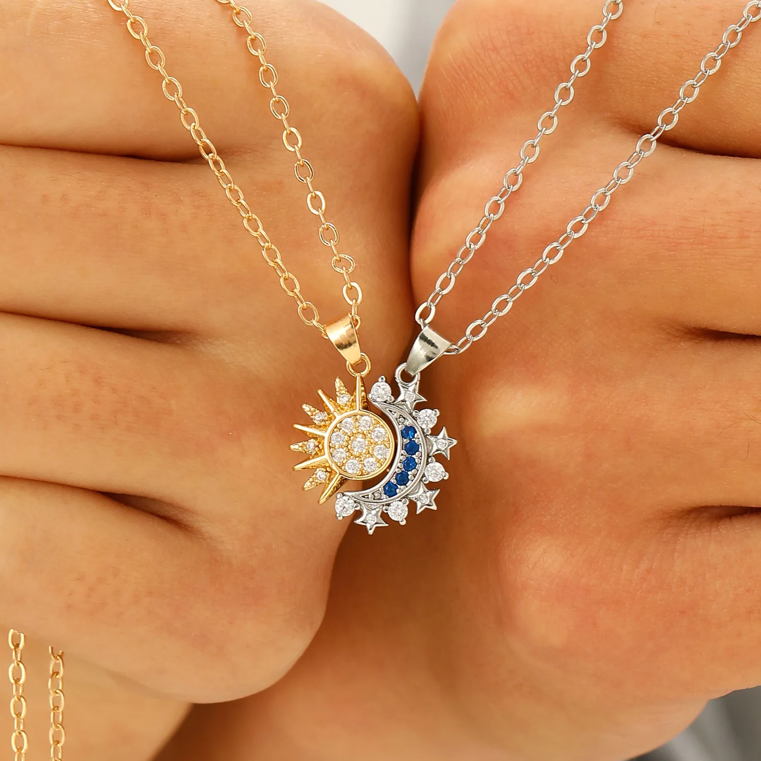 Magnetic Couple Matching Necklaces - Fashion Shiny Rhinestone Sun Moon Pendant