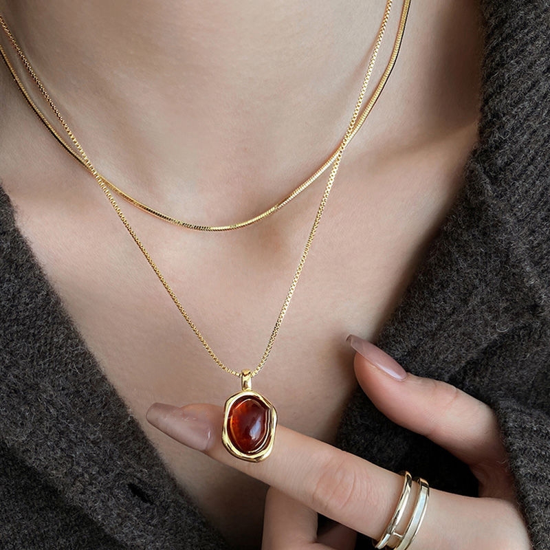 Layered Pendant Necklace Aesthetic - Fashion Vintage Double Layer Nature Stone