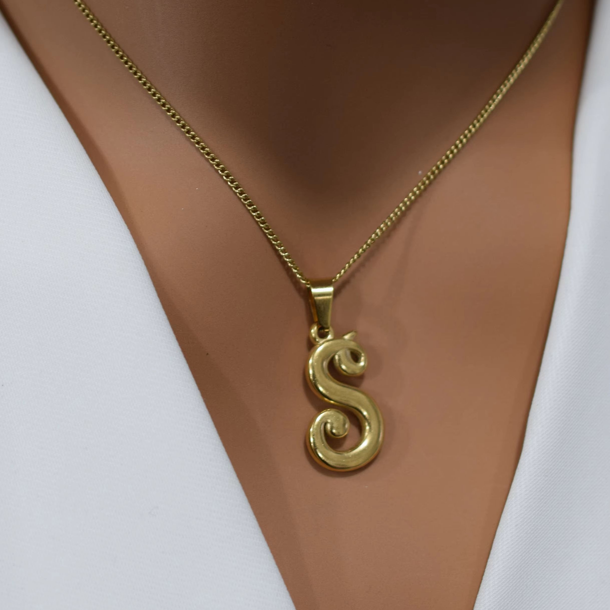 Initial Letter Necklace 18K Gold - 18k Gold Stainless Steel Vintage Alphabet