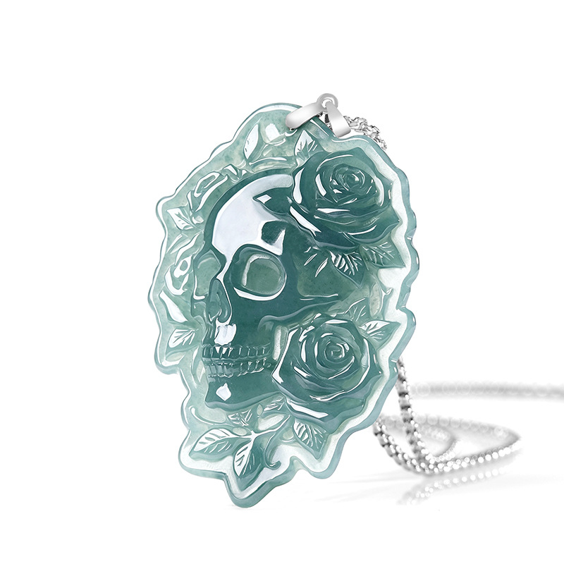 Necklaces - Natural Burmese Jadeite Skull Pendant Necklace