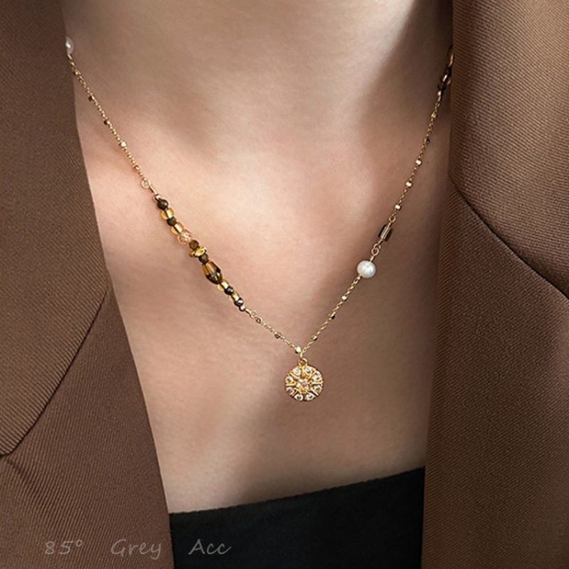 Layered Pendant Necklace Aesthetic - Fashion Brown Natural Stone Pendant Necklace