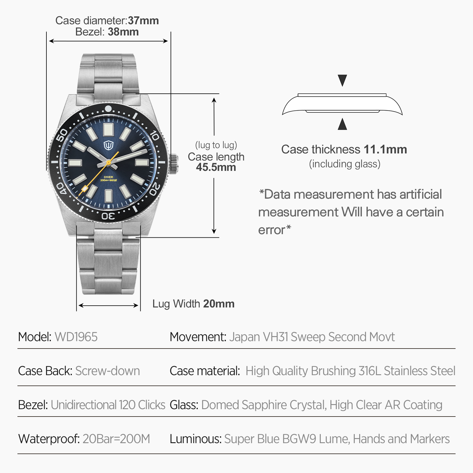 Watchdives 37Mm WD1965 V2 Man  - Watch Accessories recension och pris