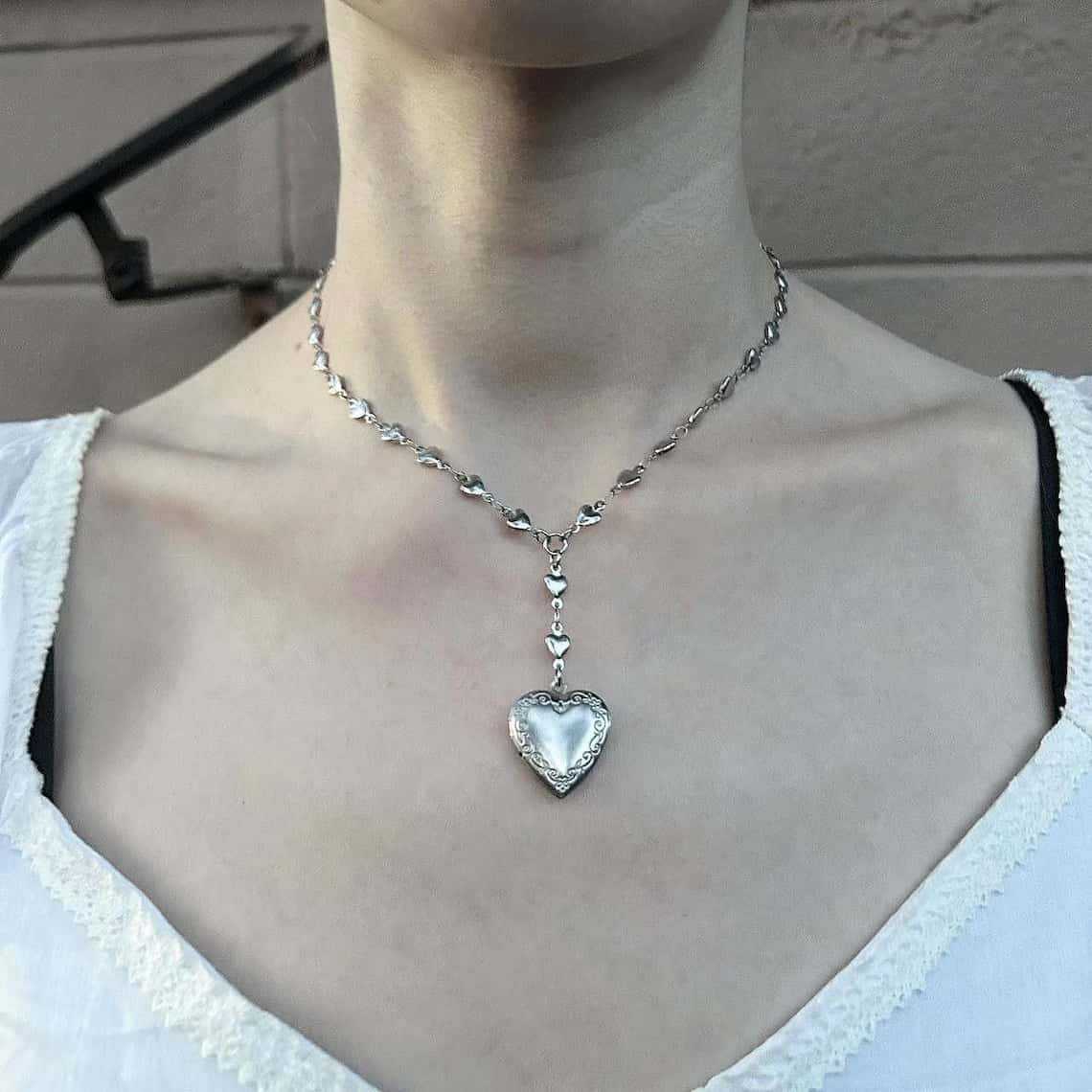 Rosary Lariat Chain Necklace w - Heart Locket Necklace Photo recension och pris