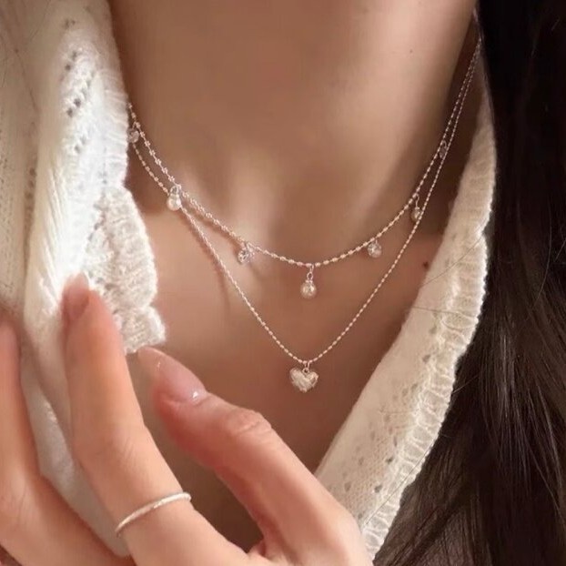 Double Layer Silver Bead Choke - Layered Pendant Necklace Aesthetic recension och pris